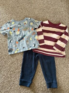 Garanimals Light Blue Space Tee, Maroon Stripe Long Sleeve & Navy Pants Set
